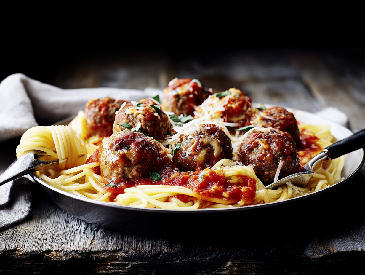 A plate of spaghetti with Beef Meatballs, tomato sauce, cheese, herbs, and a fork.