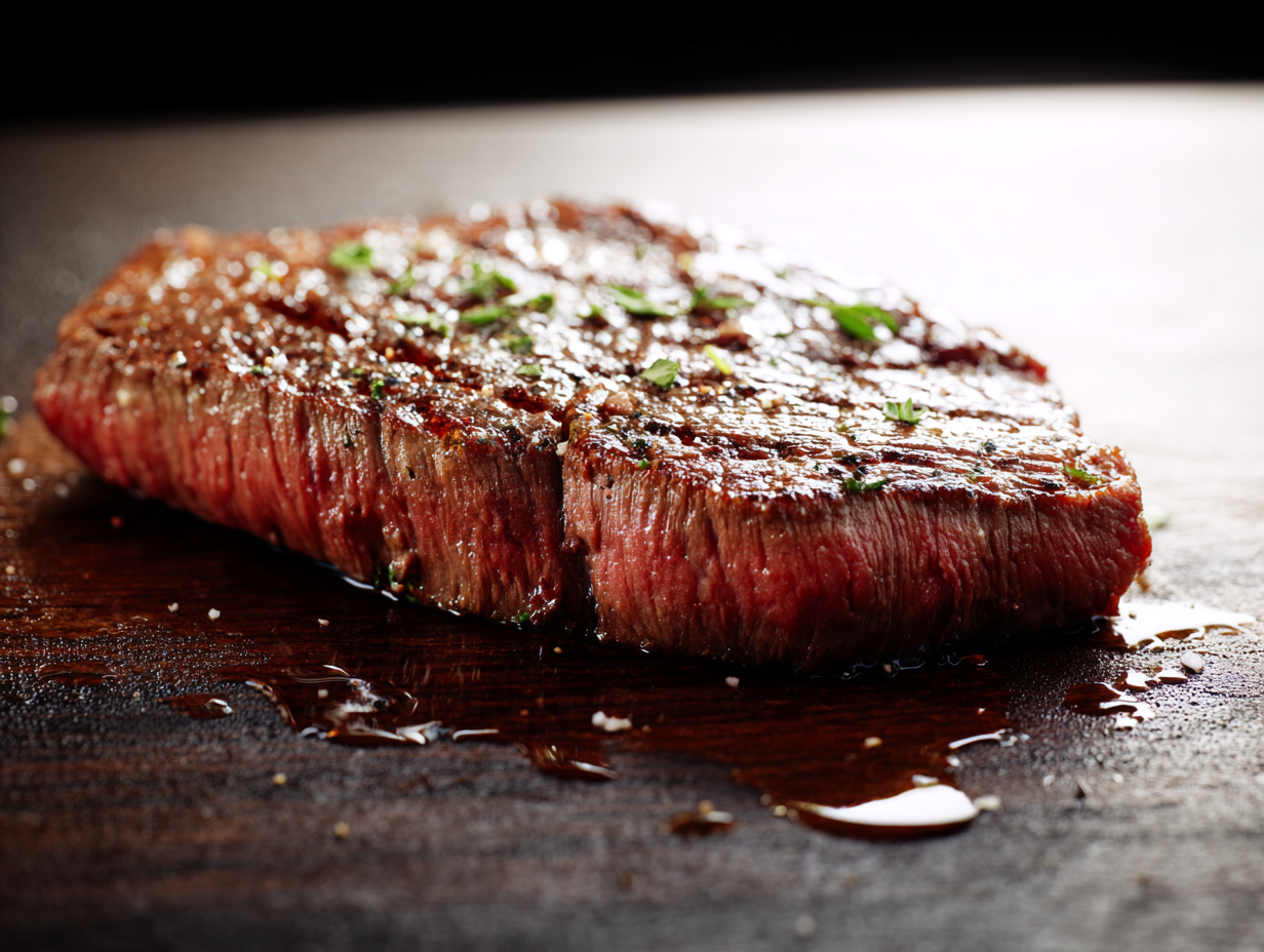 Minute Steak rests on a wooden board, topped with herbs and coarse salt, juices pooling by its side.