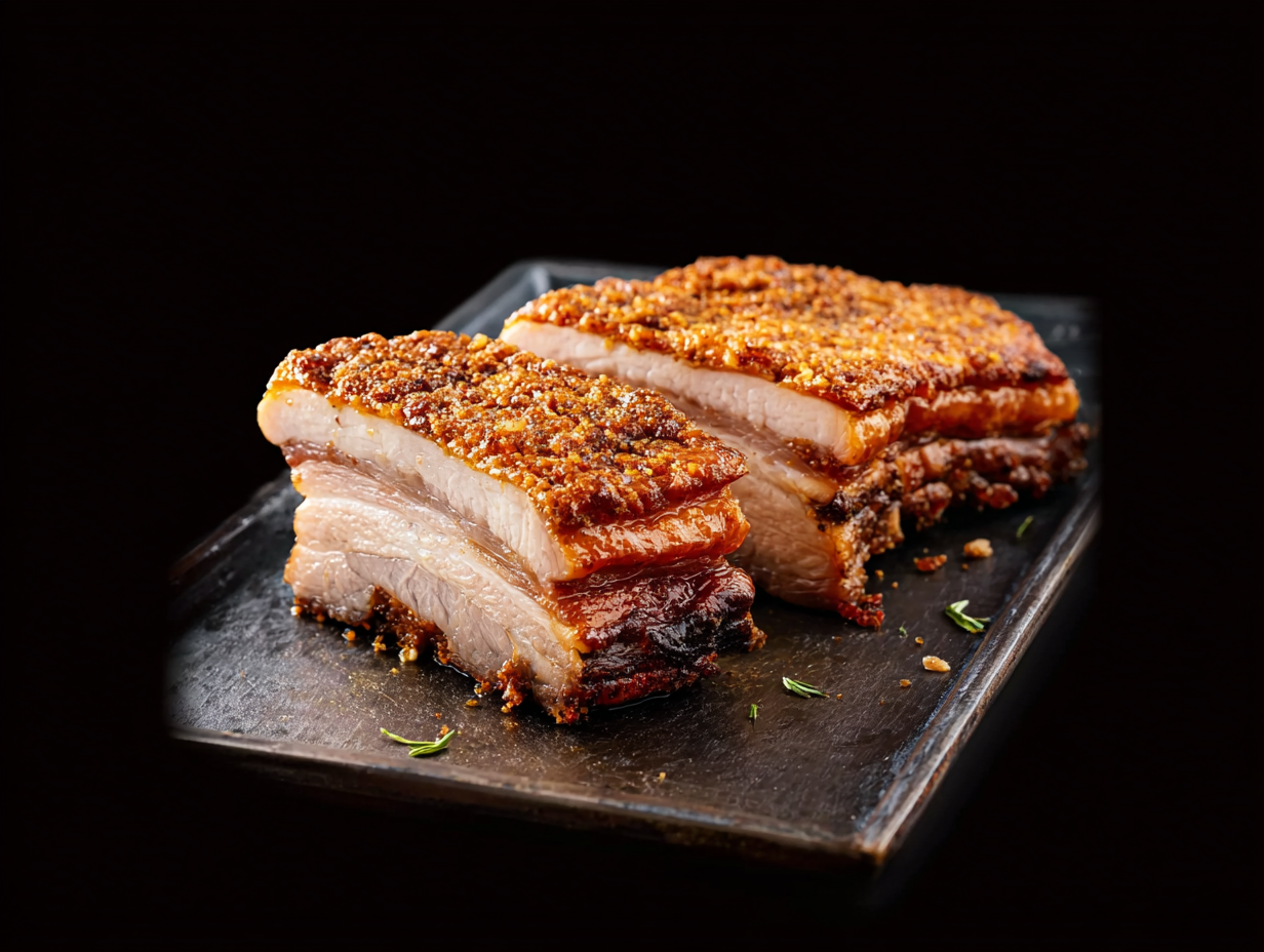 Two pieces of Pork Belly with crispy, seasoned skin served on a dark rectangular platter.