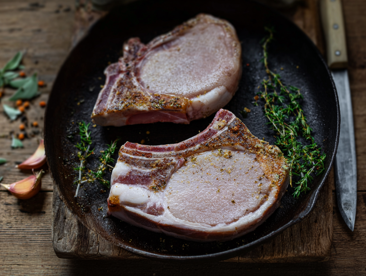Two bone-in Loin Chops seasoned with herbs and spices in a frying pan, with garlic and thyme beside them.