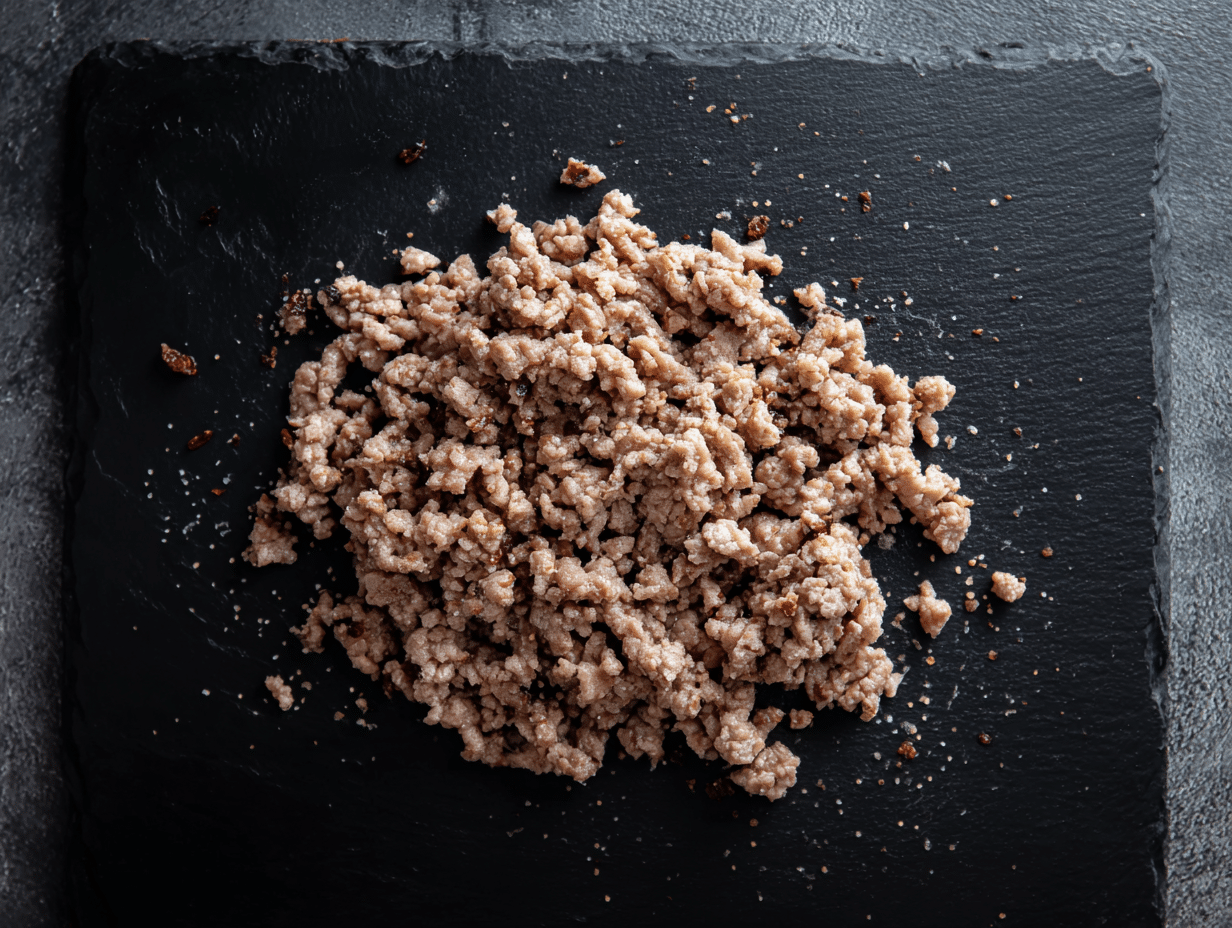 Cooked pork mince scattered on a black slate surface.