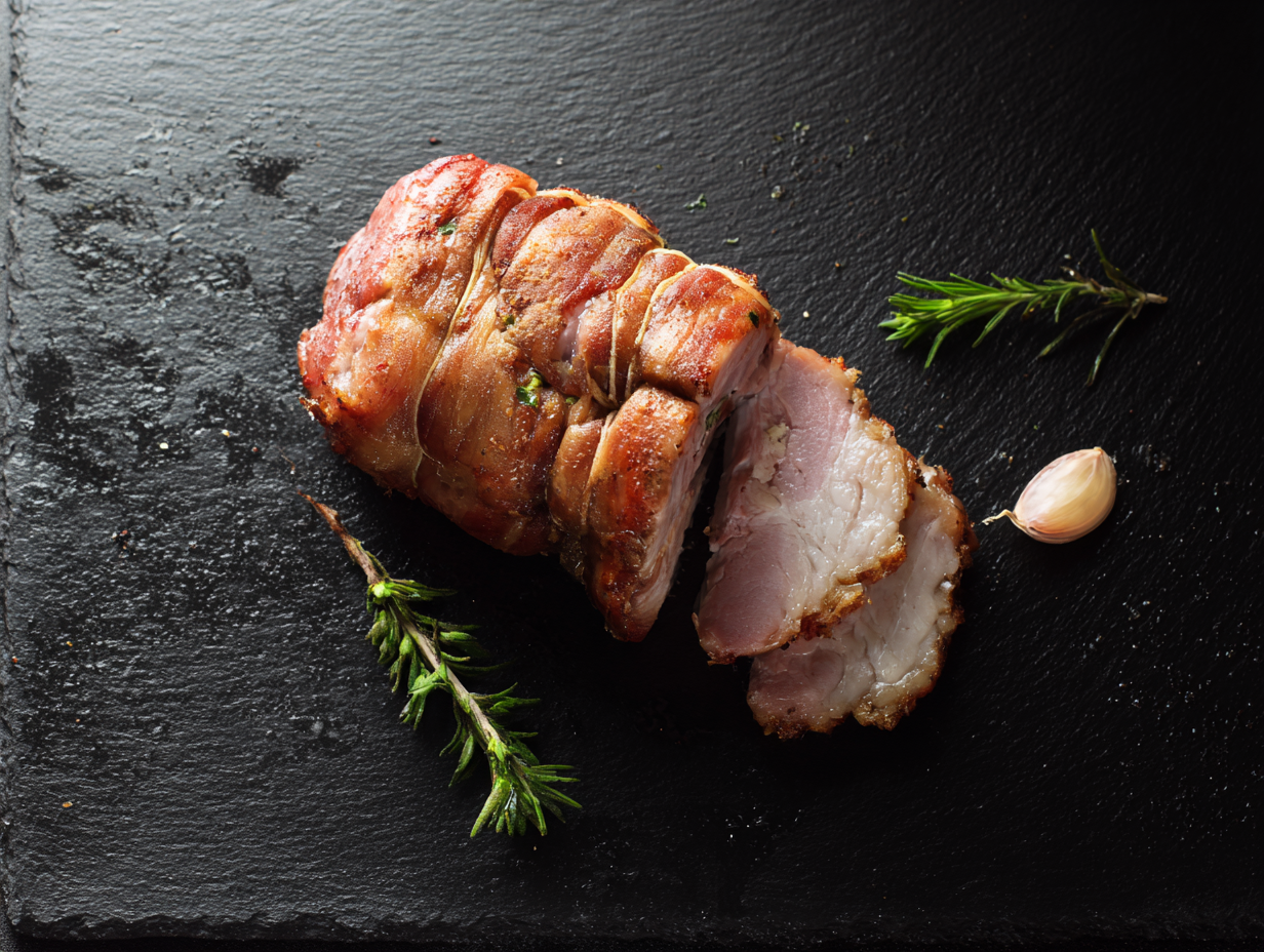 Rolled Shoulder of Pork, tied and partially sliced, served on black slate with herbs and garlic.
