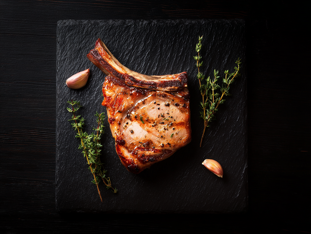 Loin Chop grilled with pepper, thyme, and garlic on a black slate serving board.