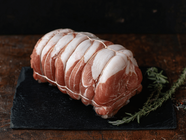 A Rolled Shoulder of Pork tied with string sits on a slate board beside fresh herb sprigs.