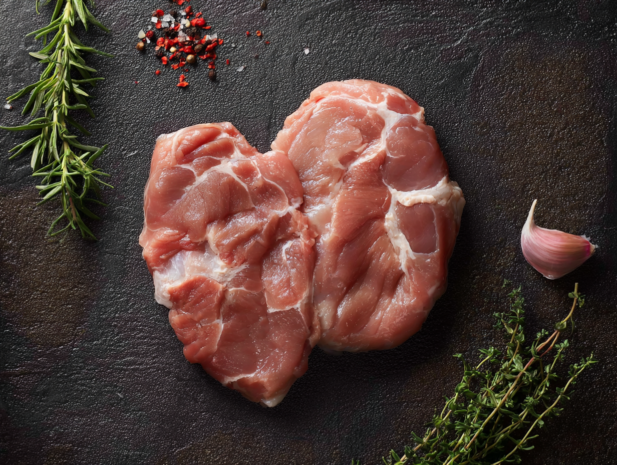Two Pork Shoulder Steaks on a dark surface with herbs, peppercorns, and a garlic clove nearby.