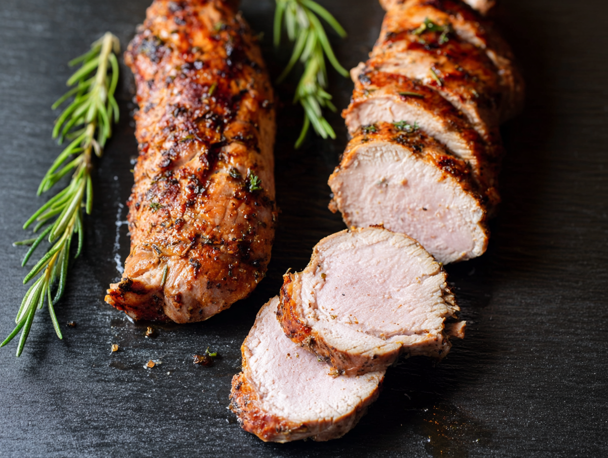 Pork fillet, sliced and whole, roasted and garnished with herbs on a dark surface.