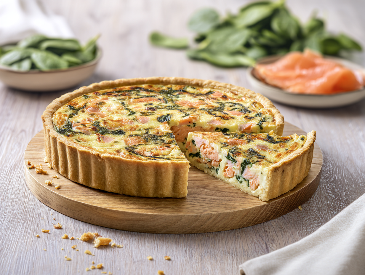 A quiche with spinach and salmon sits on a wooden board, one slice missing; ingredients appear behind.