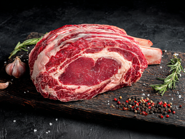 Rib of Beef on a wooden board with garlic, rosemary, peppercorns, and salt on a dark background.