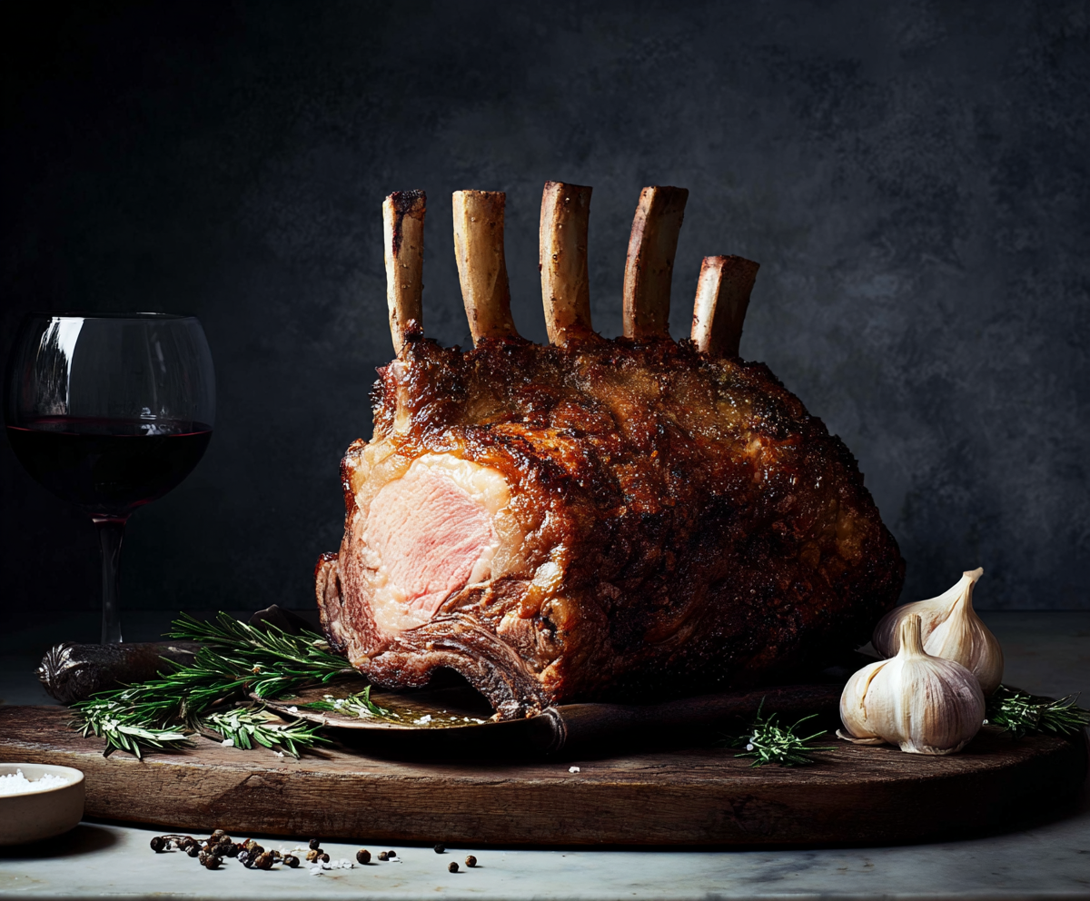 A cooked Rib of Beef with rosemary, garlic, and a glass of red wine on a wooden board.