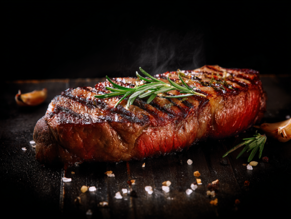 Ribeye steak with sear marks, topped with rosemary, salt, pepper, and roasted garlic on a dark surface.