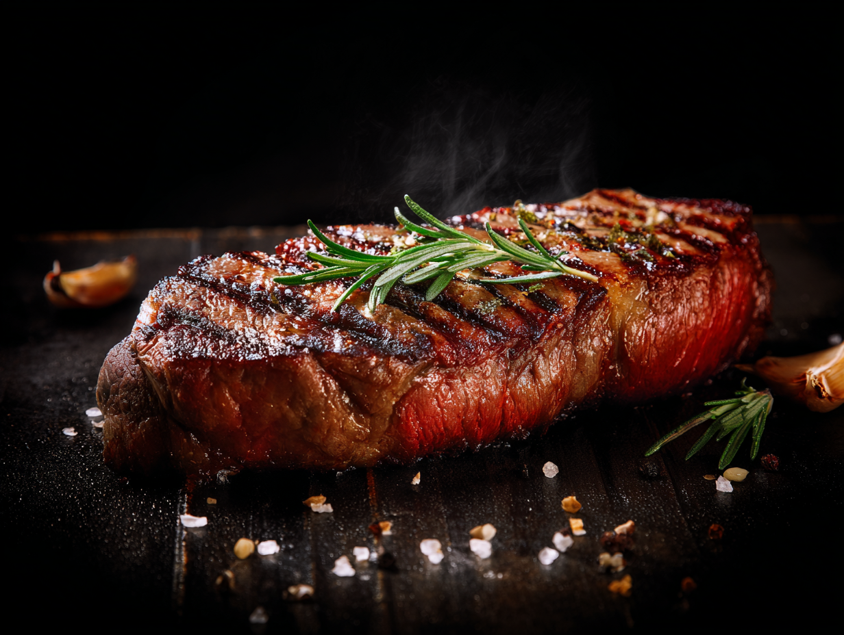 Ribeye steak with sear marks, topped with rosemary, salt, pepper, and roasted garlic on a dark surface.