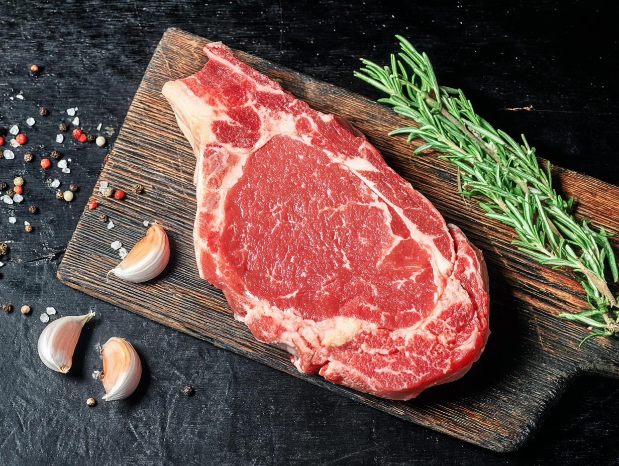 Ribeye steak on a wooden board with rosemary, garlic, and peppercorns on a black surface.