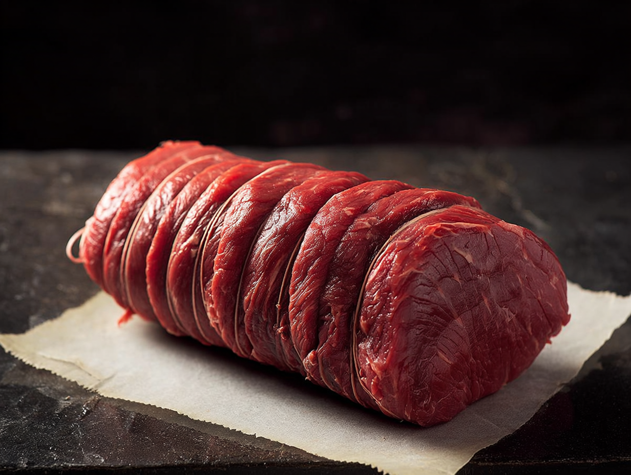 Sliced Rolled Brisket of Beef on greaseproof paper against a dark background.