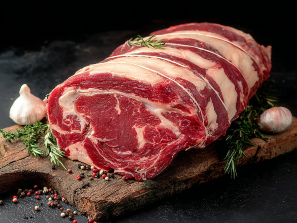 Rolled Rib of Beef with marbling on a wooden board, surrounded by herbs, garlic, and peppercorns.