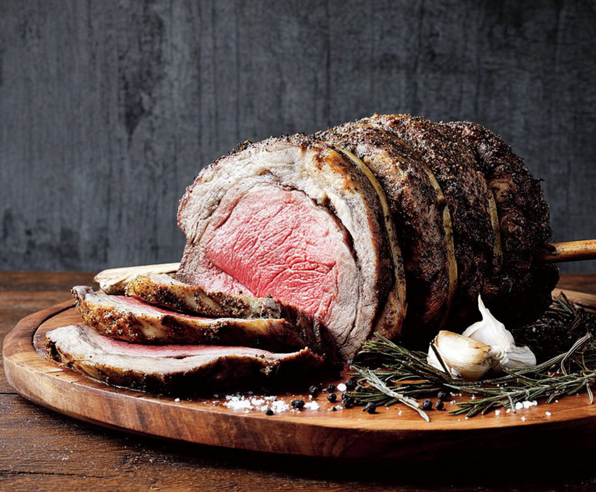 Rolled Rib of Beef with a pink centre, sliced on a wooden board, garnished with herbs and garlic.