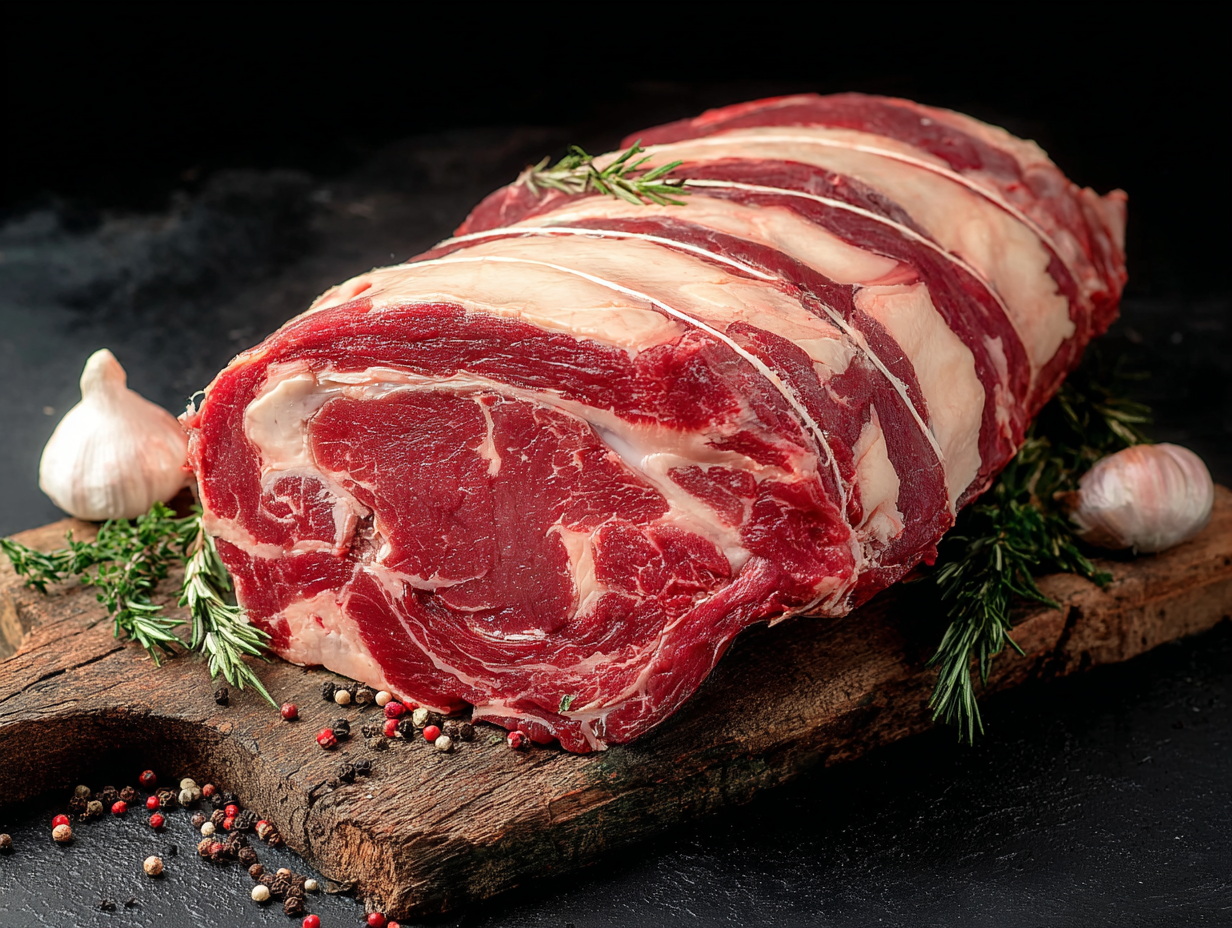 Rolled Rib of Beef with marbling on a wooden board, surrounded by herbs, garlic, and peppercorns.