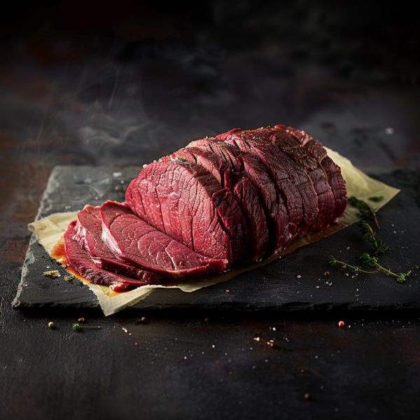Rolled Brisket of Beef sliced on baking parchment atop a dark stone board, garnished with herbs.