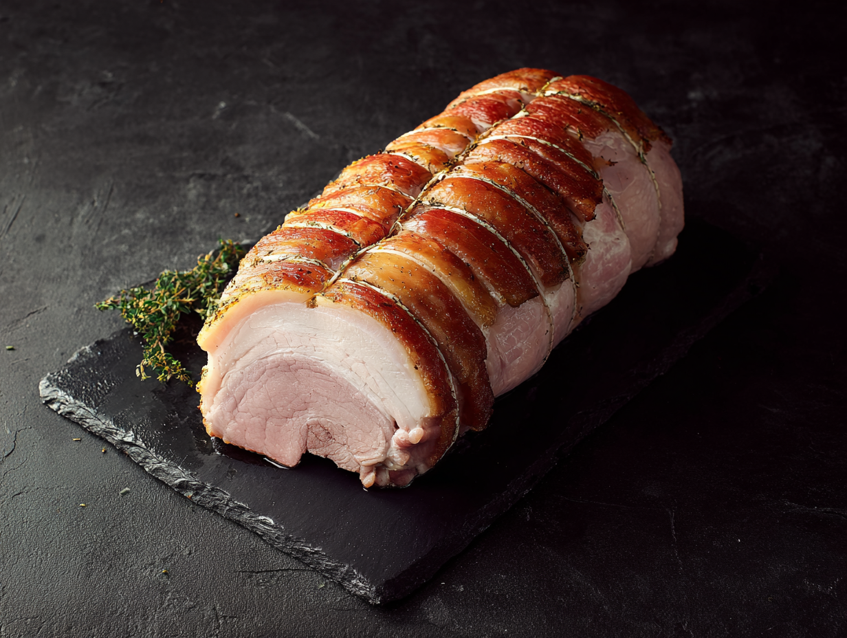 A cooked Rolled Loin of Pork sits on a dark slate board, garnished with herbs.
