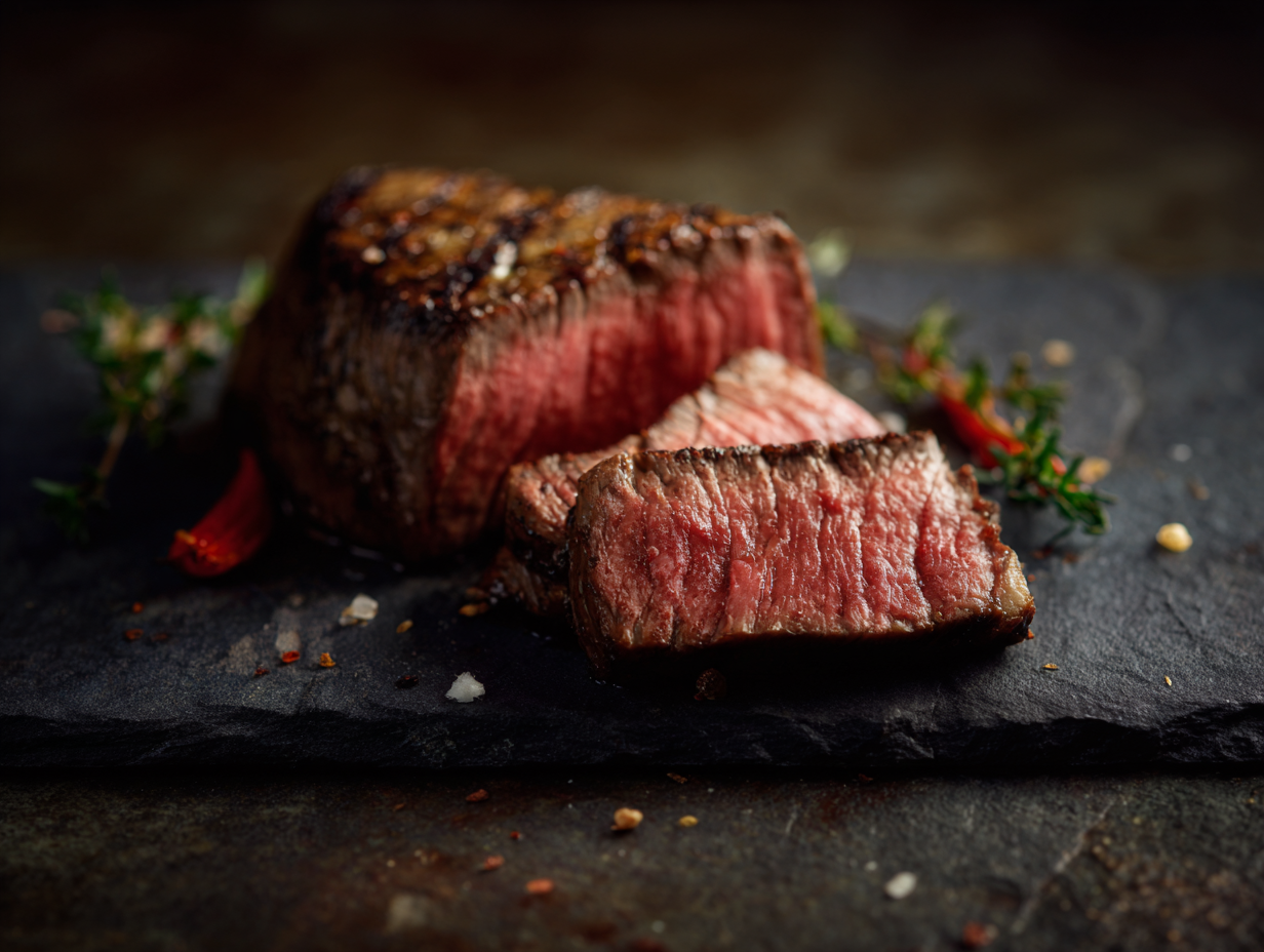 Rump steak, cooked medium-rare, sliced on a dark slate plate with herbs and coarse salt.