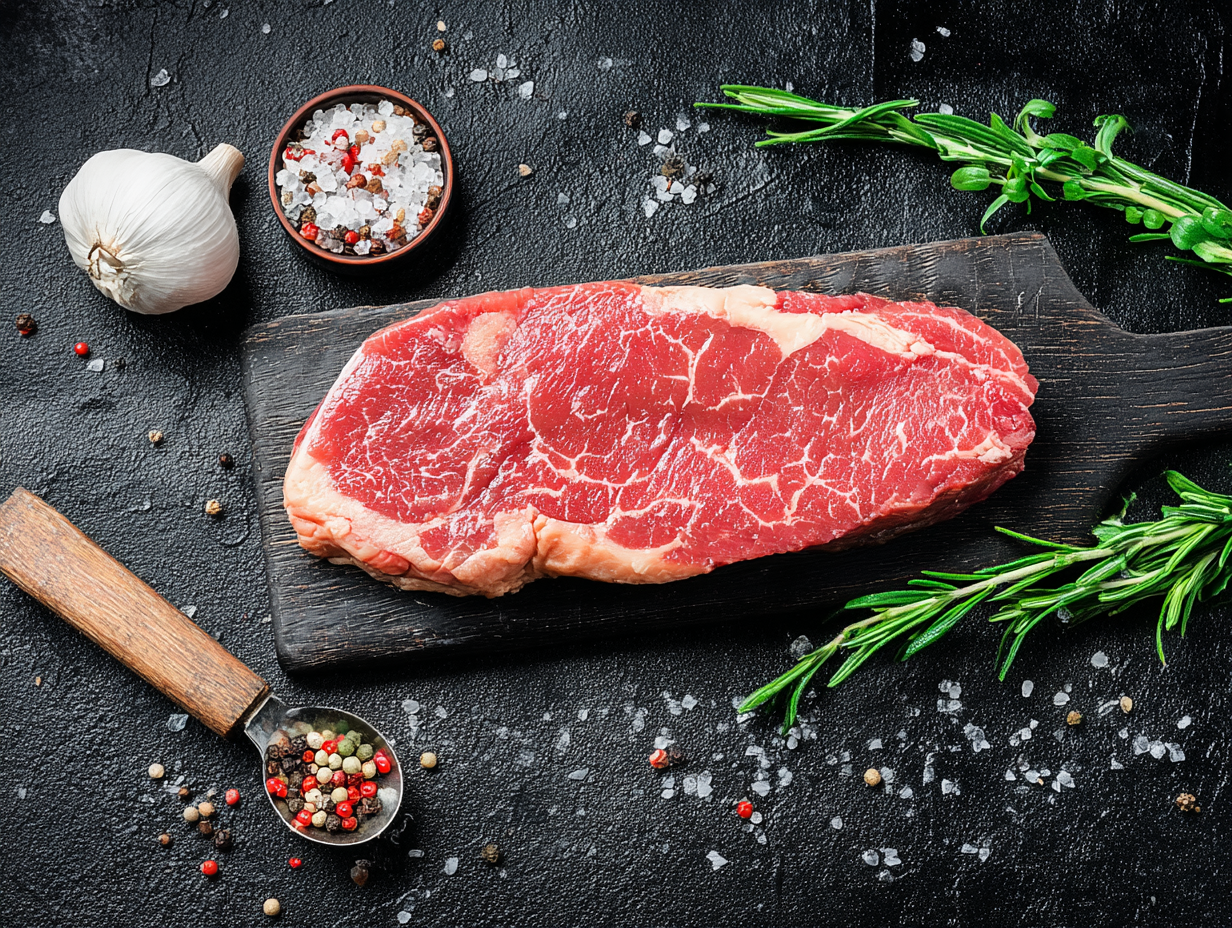 Rump steak on a wooden board with rosemary, garlic, salt, and pepper on a dark surface.