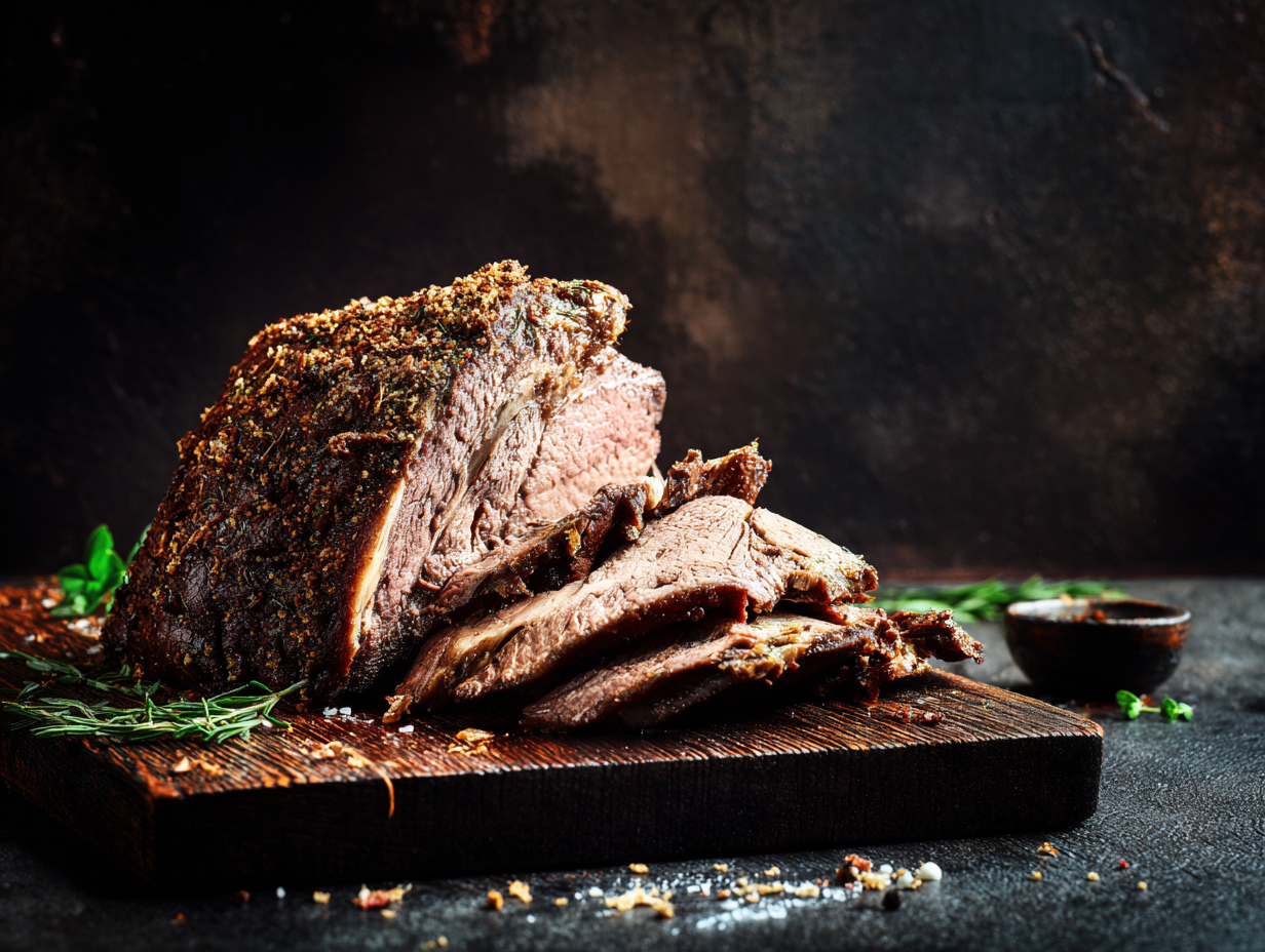 Shin of Beef slices with seasoning on a wooden board, garnished with herbs against a dark background.