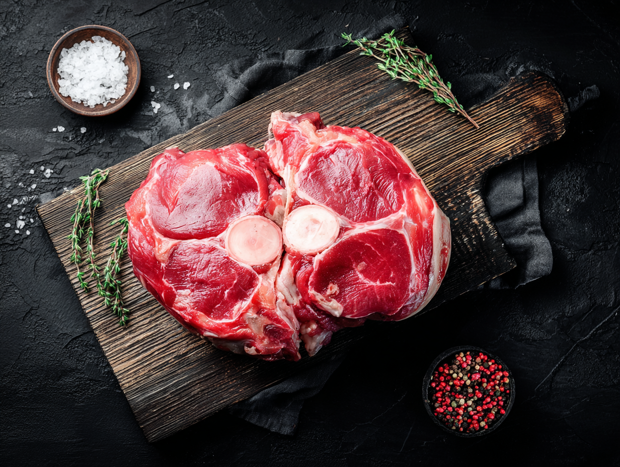 Two raw shin of beef shanks on a wooden chopping board with herbs, peppercorns, and coarse salt.