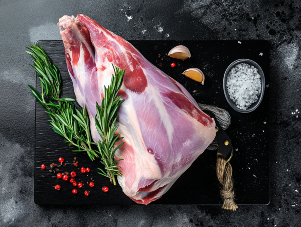 Shoulder of Lamb on a black board with rosemary, garlic, peppercorns, and coarse salt.