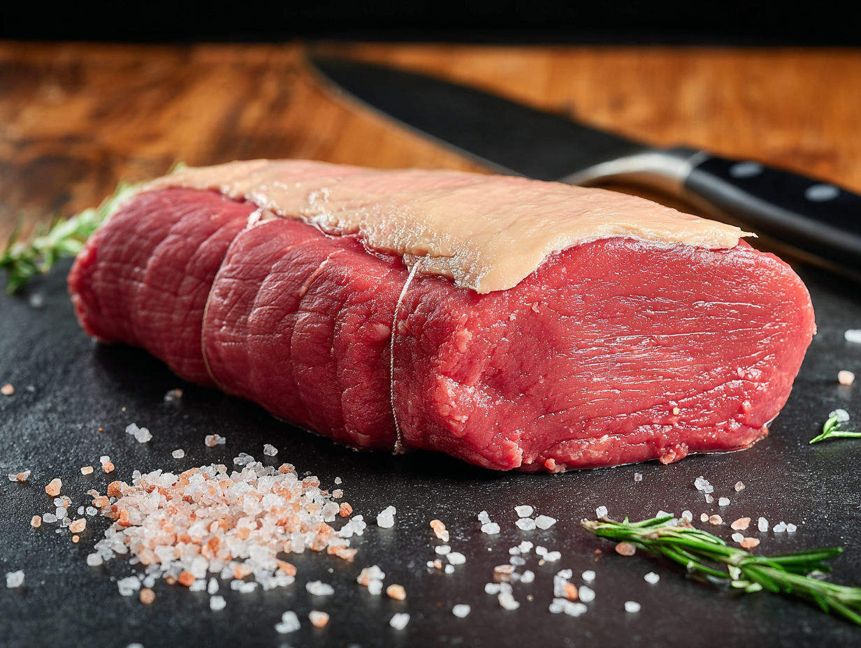 Silverside beef joint with fat cap, tied and placed on slate with salt, rosemary, and a knife nearby.