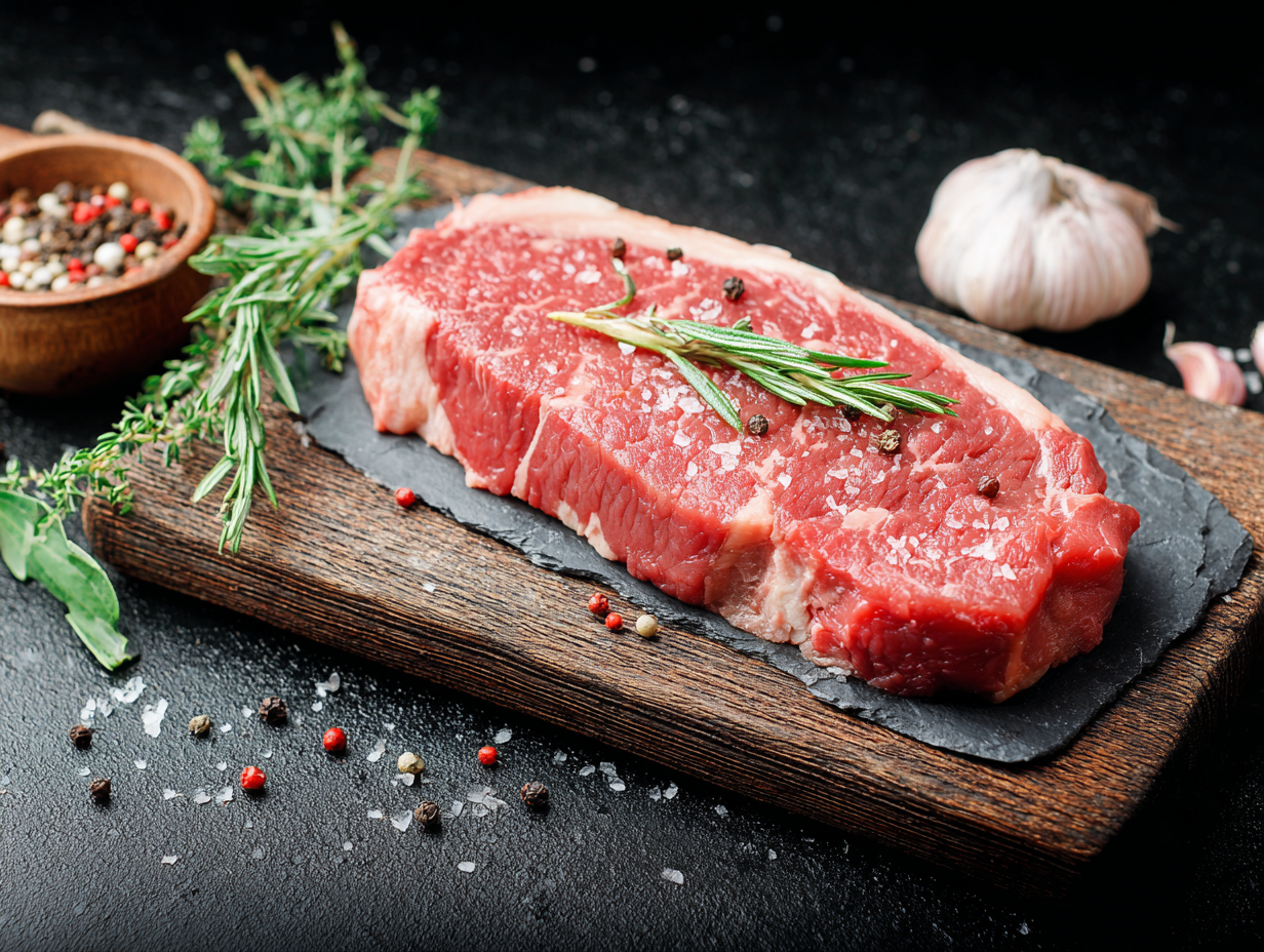 Sirloin steak on a wooden board with rosemary, sea salt, peppercorns, and garlic in the background.