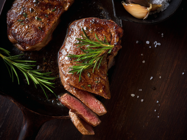 Sirloin steak cooked with rosemary, partially sliced in a cast iron pan, garlic and salt nearby.