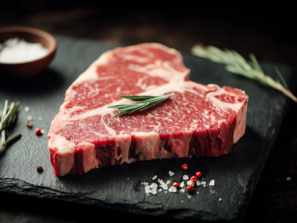 T-bone steak on a black slate board with rosemary, salt, and peppercorns.