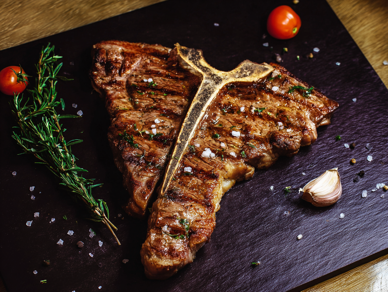 T-bone steak grilled with rosemary, cherry tomatoes, garlic, and coarse salt on a black slate.