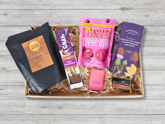 The Chocoholic Hamper (NEW): a gift box with coffee, milk chocolate, shortbread, choc bits & a pink choc bar.