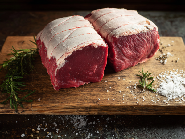 Two raw topside beef joints on a wooden board with salt, pepper, and rosemary sprigs nearby.