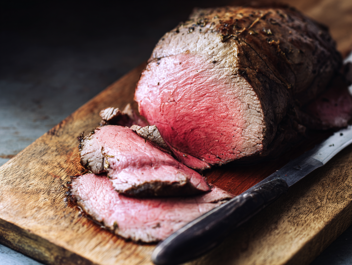 Topside roast beef sliced on a wooden chopping board with a knife beside it.