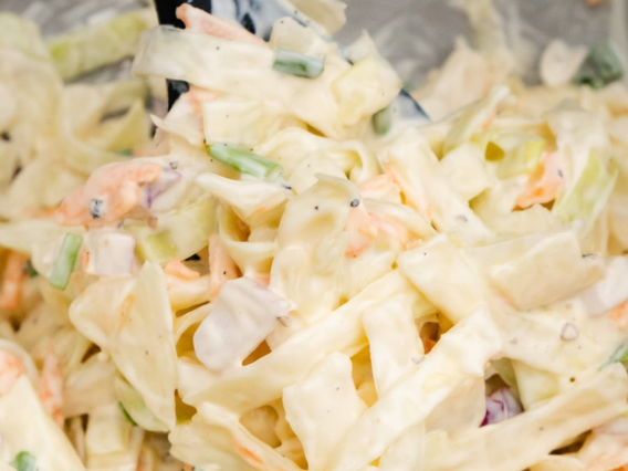 Coleslaw with shredded cabbage, carrots, and diced spring onions mixed in a creamy dressing.