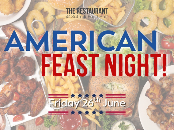 American Feast Night event poster with burgers, chips, onion rings, and wings; date set for Friday, 26th June.