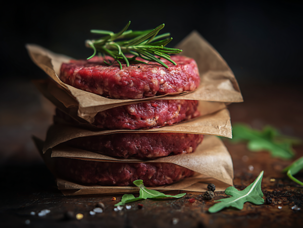 Three Beef Burger patties stacked with greaseproof paper, topped with rosemary, salt, and rocket.
