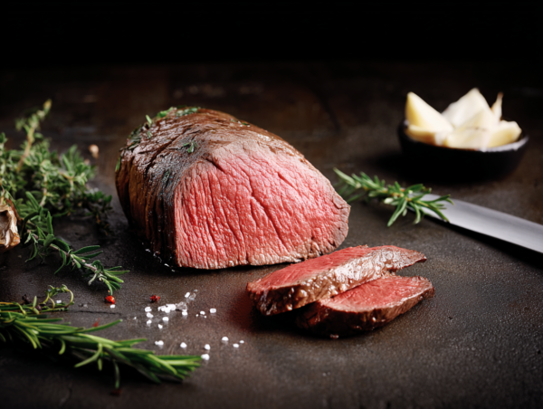 Beef Fillet Tail, medium-rare with two slices, garnished with herbs and salt on a dark surface.