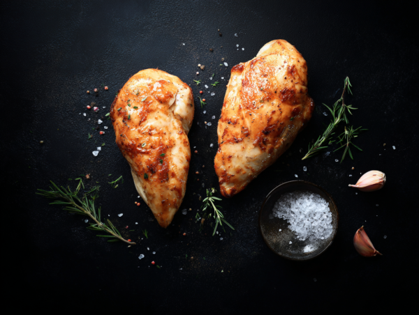 Two Free Range Chicken Breasts with herbs, garlic, and coarse salt on a dark surface.