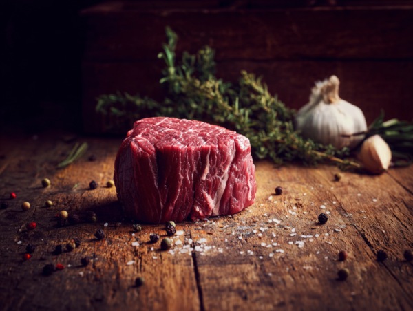 A Fillet Steak rests on a wooden surface with salt, peppercorns, herbs, and garlic in the background.