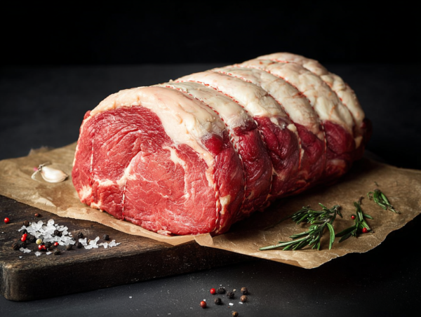 Rolled Beef Sirloin on baking parchment with salt, pepper, rosemary, and garlic on a dark chopping board.