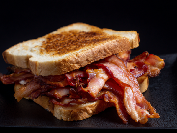 A sandwich with crispy Smoked Back Bacon rashers between toasted bread on a dark surface.