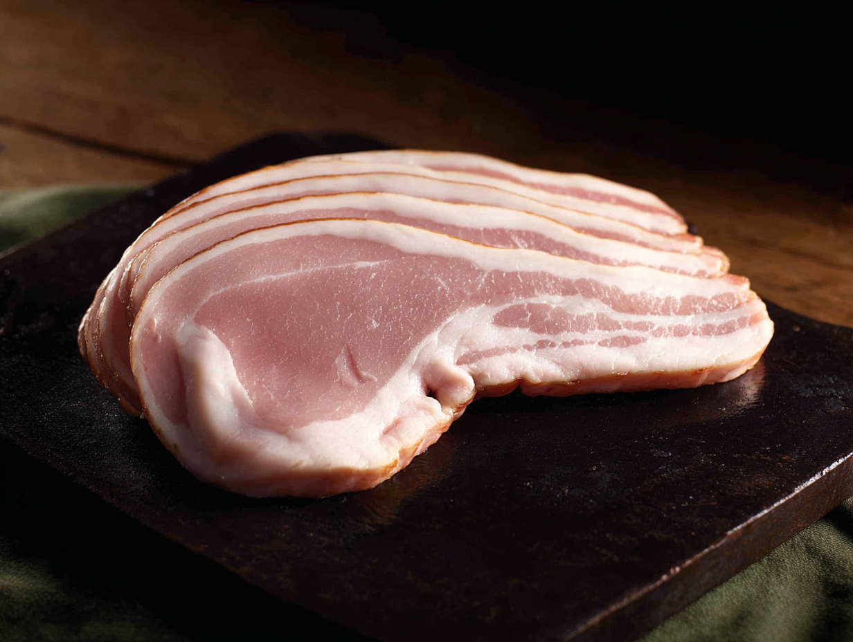 Smoked Back Bacon rashers are arranged on a dark surface, showing layers of fat and meat.