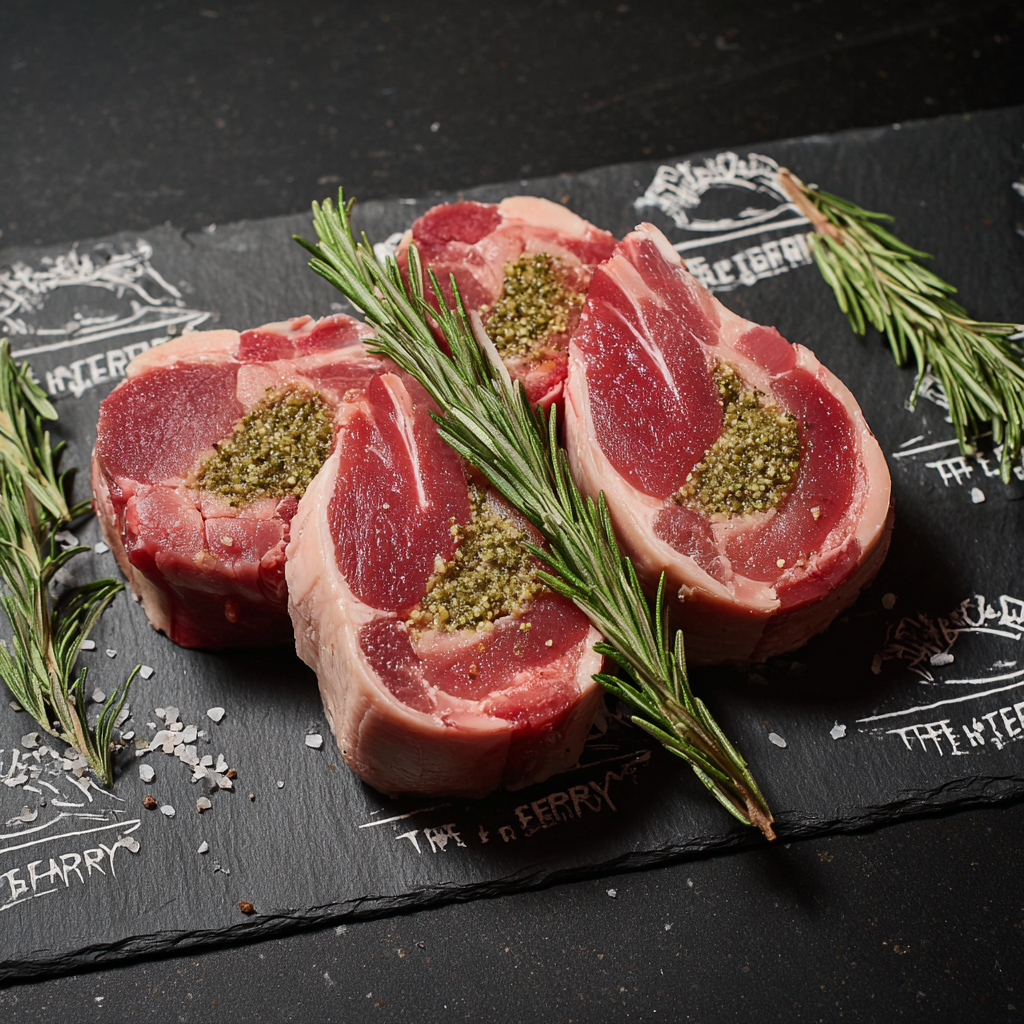 Lamb noisettes filled with green herb stuffing and garnished with rosemary on a black slate board.