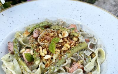 Hot Smoked Salmon with Pea and Mint Fettucine