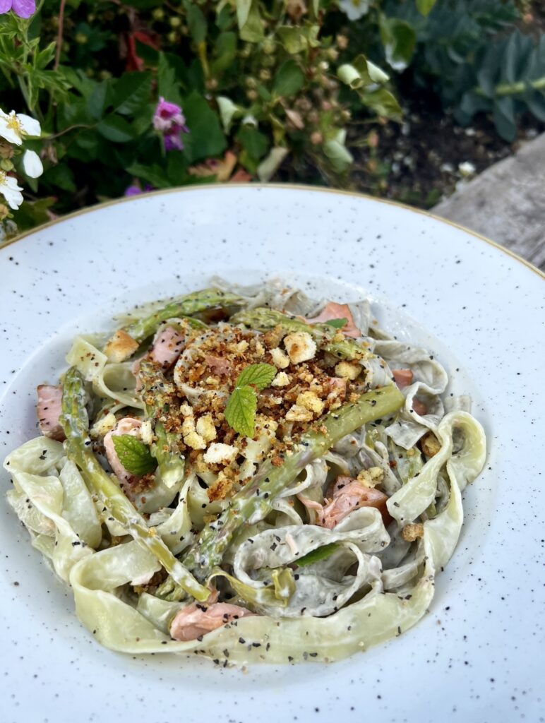 Hot Smoked Salmon with Pea and Mint Fettucine
