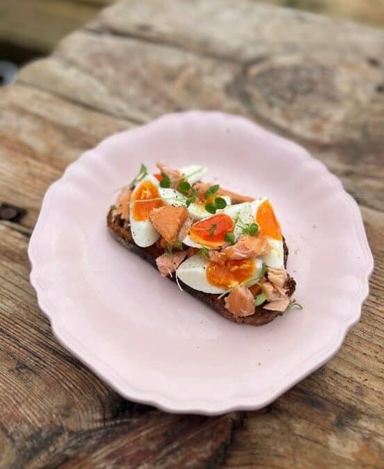 Hot smoked salmon and eggs on Sourdough