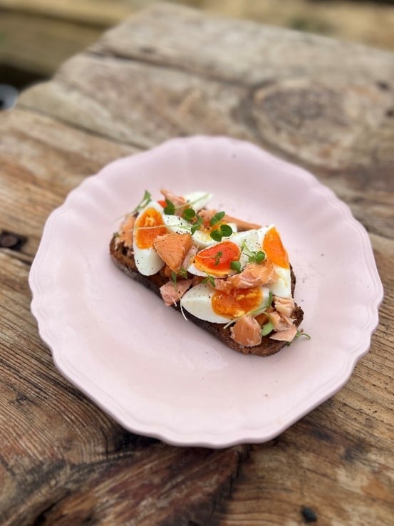 Hot smoked salmon and eggs on Sourdough