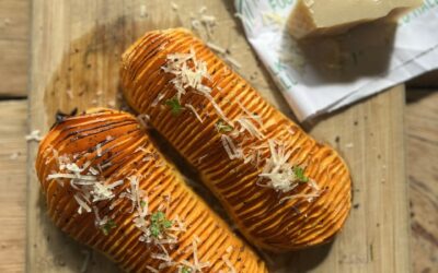 Hasselback Butternut Squash with Oak Smoked Garlic Butter and Parmesan.
